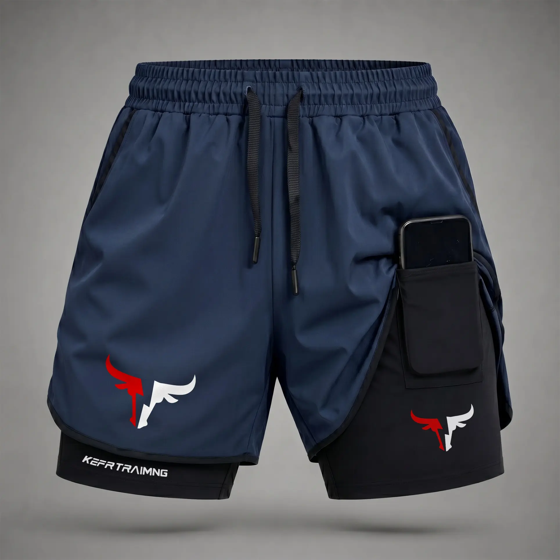 Men’s Bull Horn Graphic Print 2-in-1 Athletic Shorts, Built-in Compression Liner, Secure Inner Phone Pocket, Elastic Drawstring Waist, Quick-Dry Gym Running Training Shorts for Summer Daily Wear