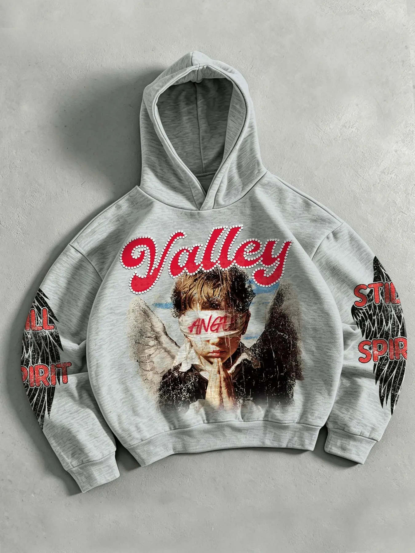 Vintage Angel Boy Pattern Fleece Hoodie, Distressed Wing Sleeve Print, Y2K Street Style, Casual Loose Fit, Versatile Hooded Sweatshirt
