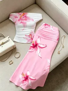 Elegant Floral Print One-Shoulder Top and High-Waisted Fish Tail Skirt Set, Sweet Vacation for Girls, Stylish Summer Ensemble