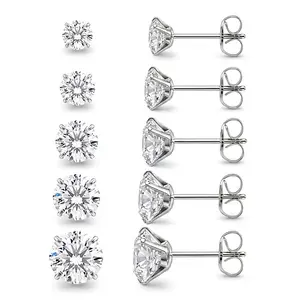 5 Pairs Silver Stud Earrings Set for Multiple Piercing, 316L Surgical Stainless Steel 3-8mm CZ Studs for Cartilage Tragus Helix, Hypoallergenic Jewelry for Sensitive Ears