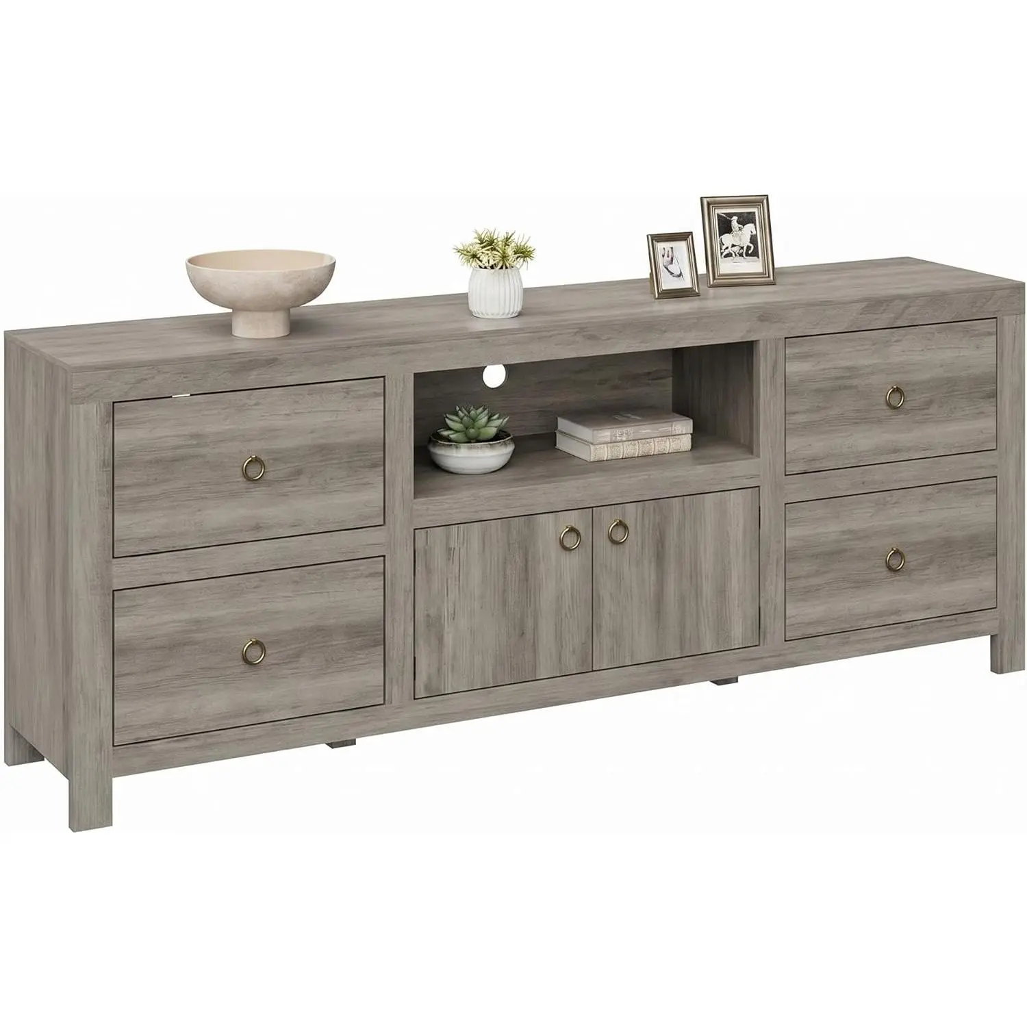 Rustic White Farmhouse MDF Wood TV Stand - 6 Drawers, Soundbar Shelf, Large Media Console, Single Unit for Living Room, Fits 75-80 Inch TVs, Includes Hardware