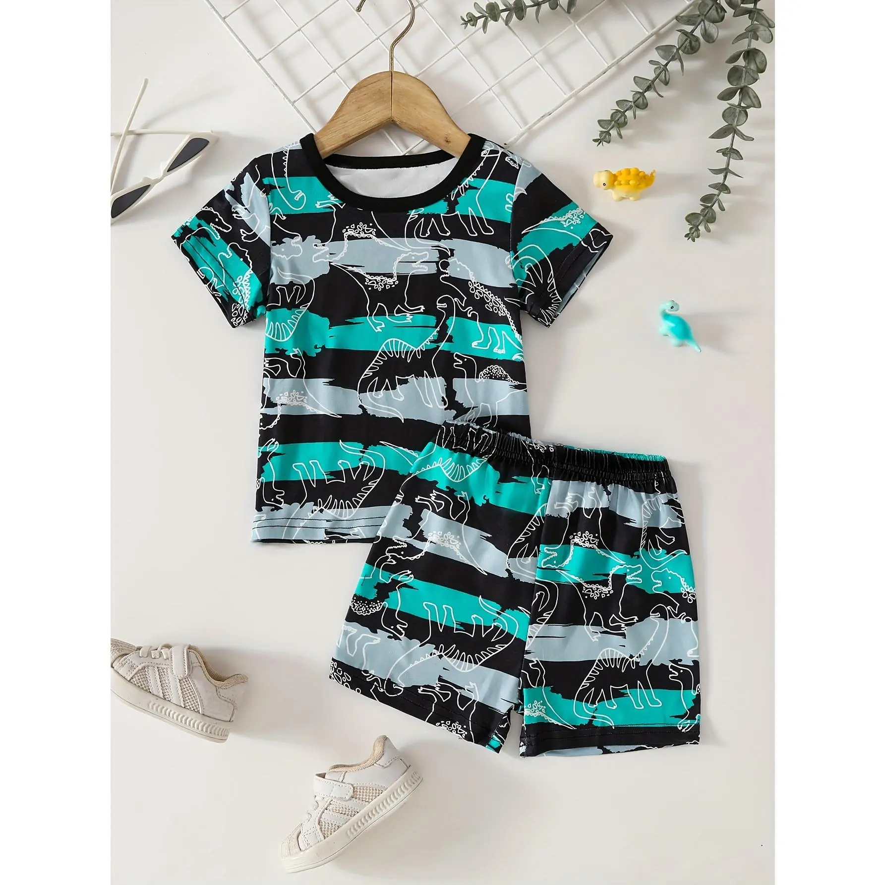 Boys Two Piece Outfit Set Travel Essentials Striped Breathable Short Sleeve Tee Dinosaur Print Matching Shorts Light Summer Outfit Outdoor Daily