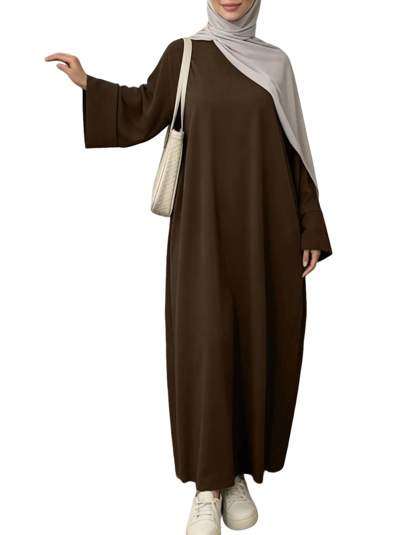 Solid Color Wide Bell Sleeve Long Abaya Dress, Loose Fit with Side Pockets, Muslim Women's Daily Commute Home Casual Conservative Dress