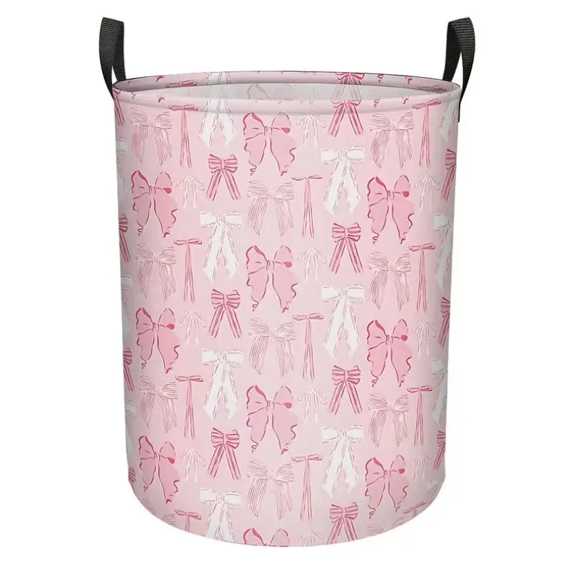 1pc, Pink Bow Laundry Basket Large Canvas Collapsible Organizer Storage Basket for Nursery, Office,Organizer, Home Decor, Shelf Baskets