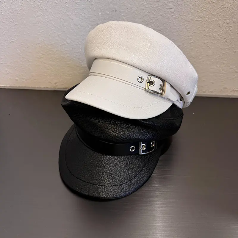 Womens leather military cap baker boy hats vintage cabbie hat fashion casual painter caps metal buckle retro style headwear streetwear trend daily wear white black styling nice gifts for her