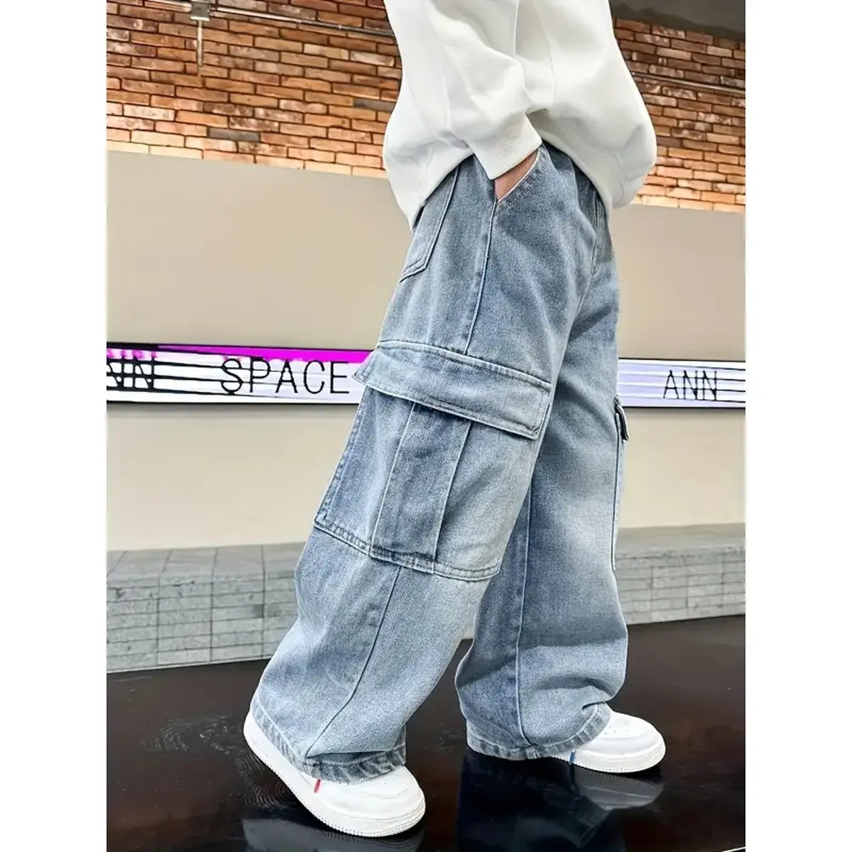 Boys' Solid Denim Street Cargo Pants - Cotton Blend, All Season, Prop 65 Safe, Loose-Fitting, Elastic Waistband, Multiple Pockets, Full-Length Casual Kids' Bottoms