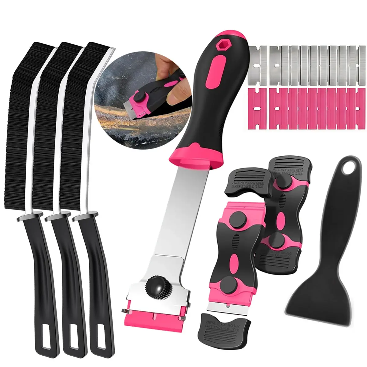 Pink Razor Blade Scraper Tool&Crevice Cleaning Brush, Cleaning Razor Scraper for Glass, Glass Top Stove Scraper for Oven Door, Razor Scraper Gift for Women, 2-in-1 Scraper Tool Set with 20Pcs Home Blades for Removing Adhesive Window Labels