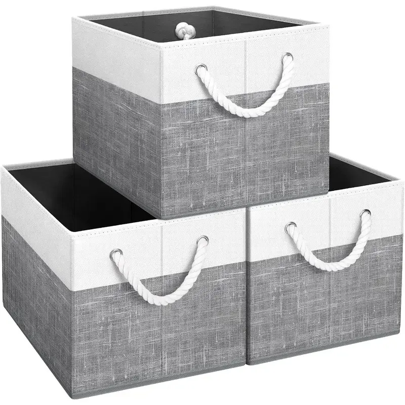 3-Piece Sturdy Foldable Storage Bins with Rope Handles - White & Grey Home Organizer Boxes for Shelves, Closet, Box