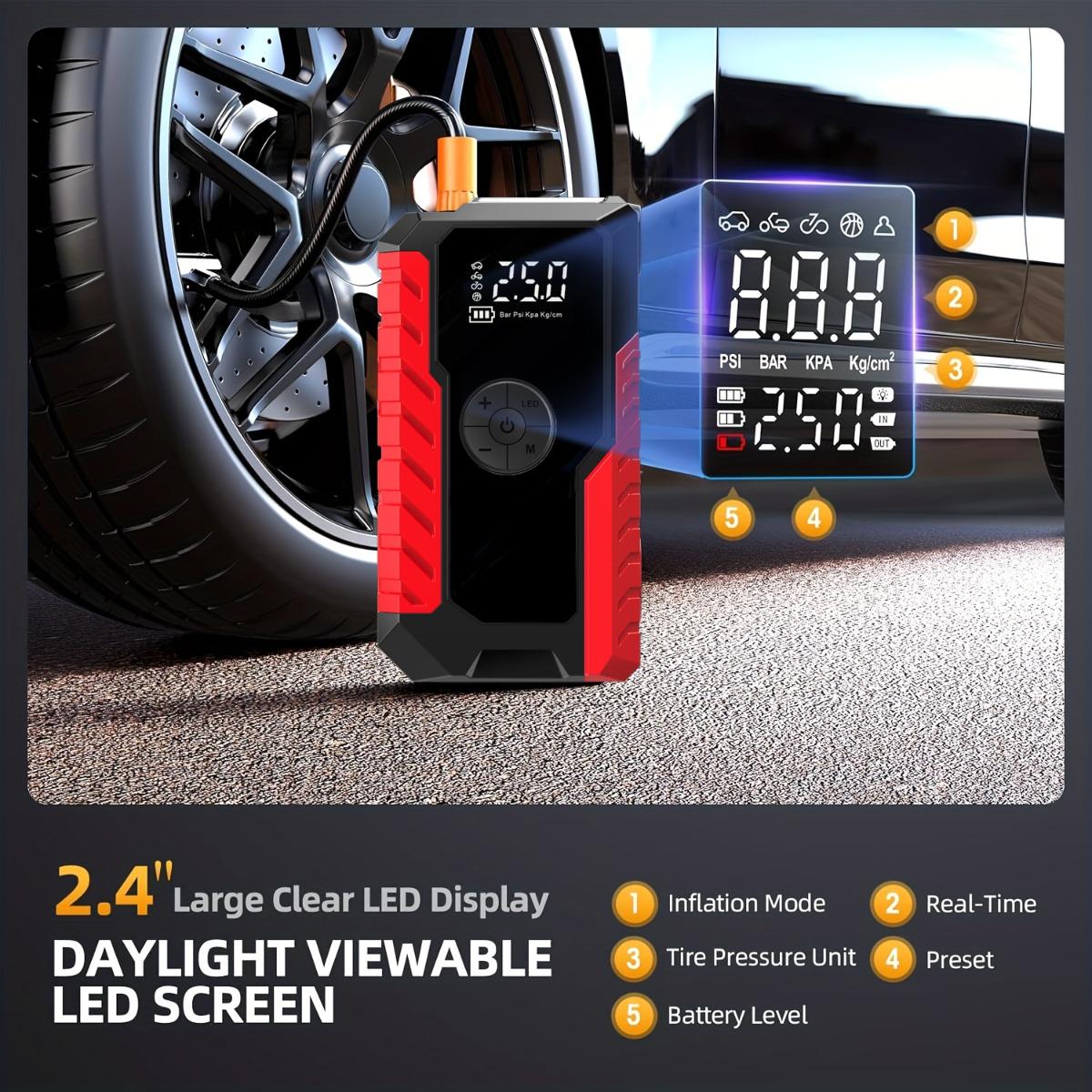 12V Portable Car Jump Starter with Tire Inflator, 2-in-1 Emergency Power Pack with Air Compressor, Power Bank & LED Light Kit Removal Set Tool