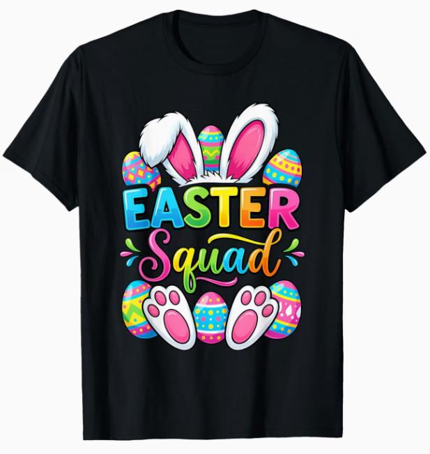 Matching Family Easter Bunny & Egg Squad T-Shirt - Loose Fit Round Neck Casual Role Costume with Bunny & Egg Patterns, Slogan for Easter Egg Hunt Outfits, Themed Apparel (Hand Washable)
