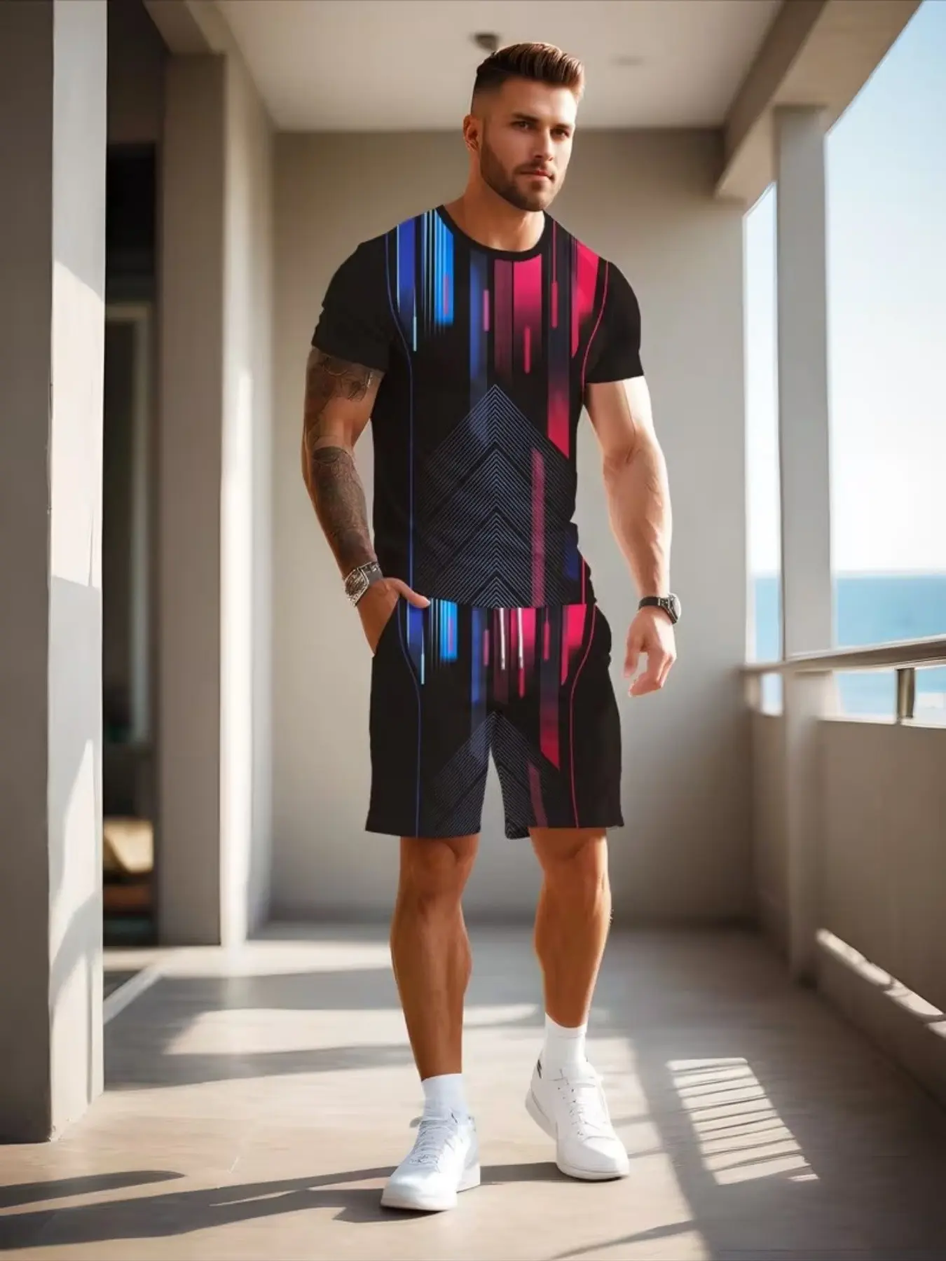 Men's Cyberpunk Future Style Suit Set, Bottom Colorful Striped Geometric Lines Short Sleeves Shorts, Casual Tech Trend Two-Piece