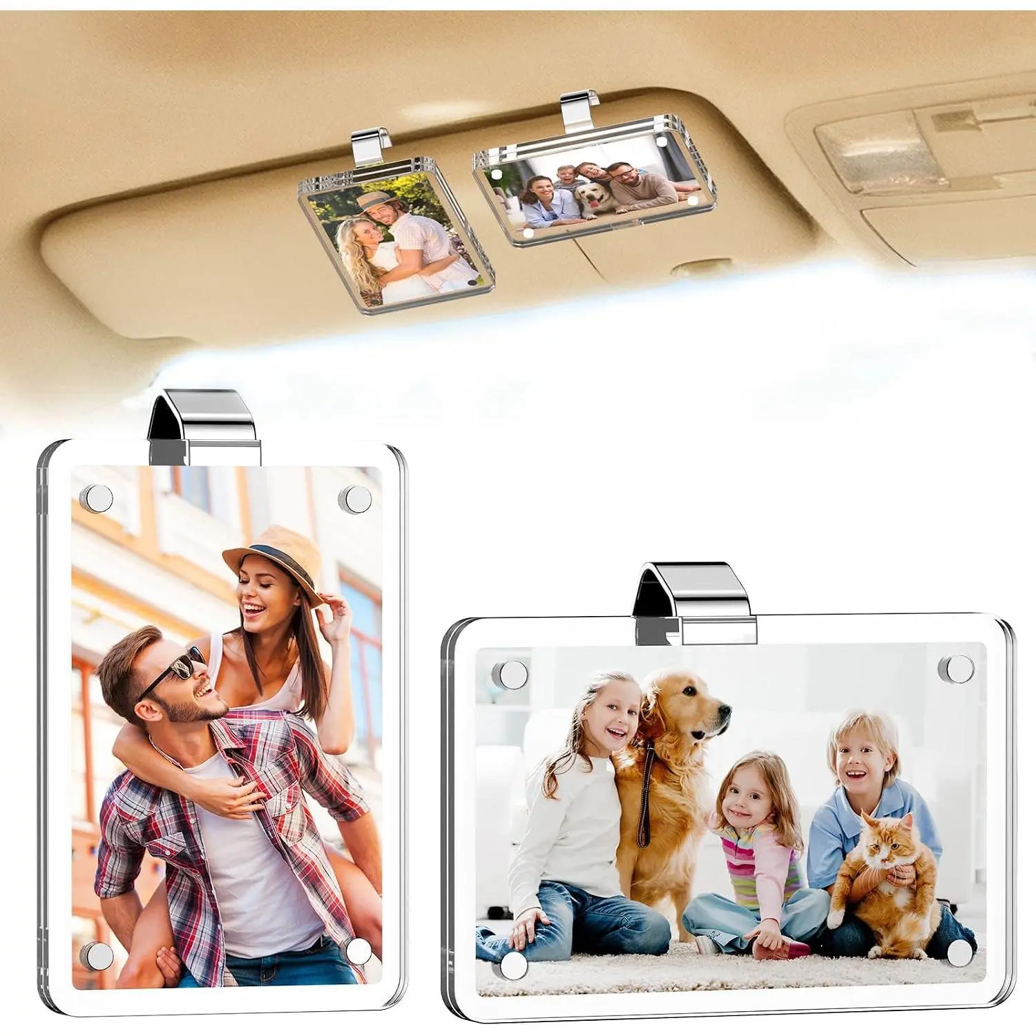 Picture Holder &  Visor Photo Clip, Clear   Frame for Auto Accessories, Compatible with Instax Mini,  Go & Wallet Size Family  Photos (2 Pack)