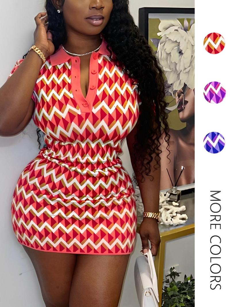 Women's Chevron Print Button Front Bodycon Dress, Casual Sleeveless Polo Neck Mini Dress for Summer, Fashion Women's Dress for Daily Wear, Casual Dresses