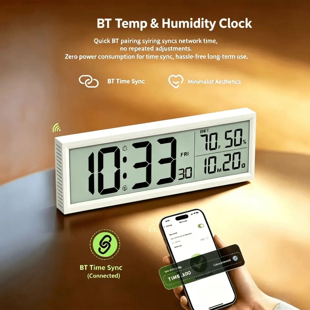 Phone Auto Sync Digital Wall & Desk Clock, Minimalist LCD Alarm Clock with Dual Independent Alarms, Indoor Temperature Humidity Monitor, Date Week DST Display, 2 Ways Mountable Tabletop & Hanging Clock for Bedroom Living Room Office Home Decor
