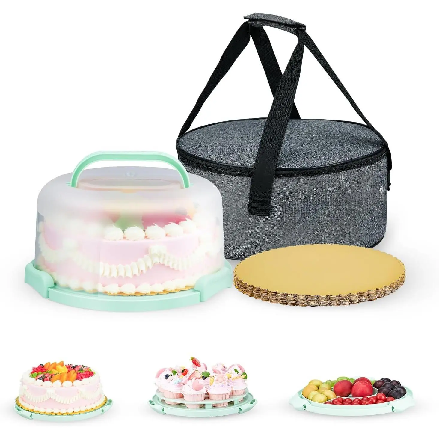 Cake Carrier With Lid And Handle,  Cake Holder With Lid For 10 Inch Round Cake Carrier With 10 count Round Golden Cake Boards And Portable Insulated Bag