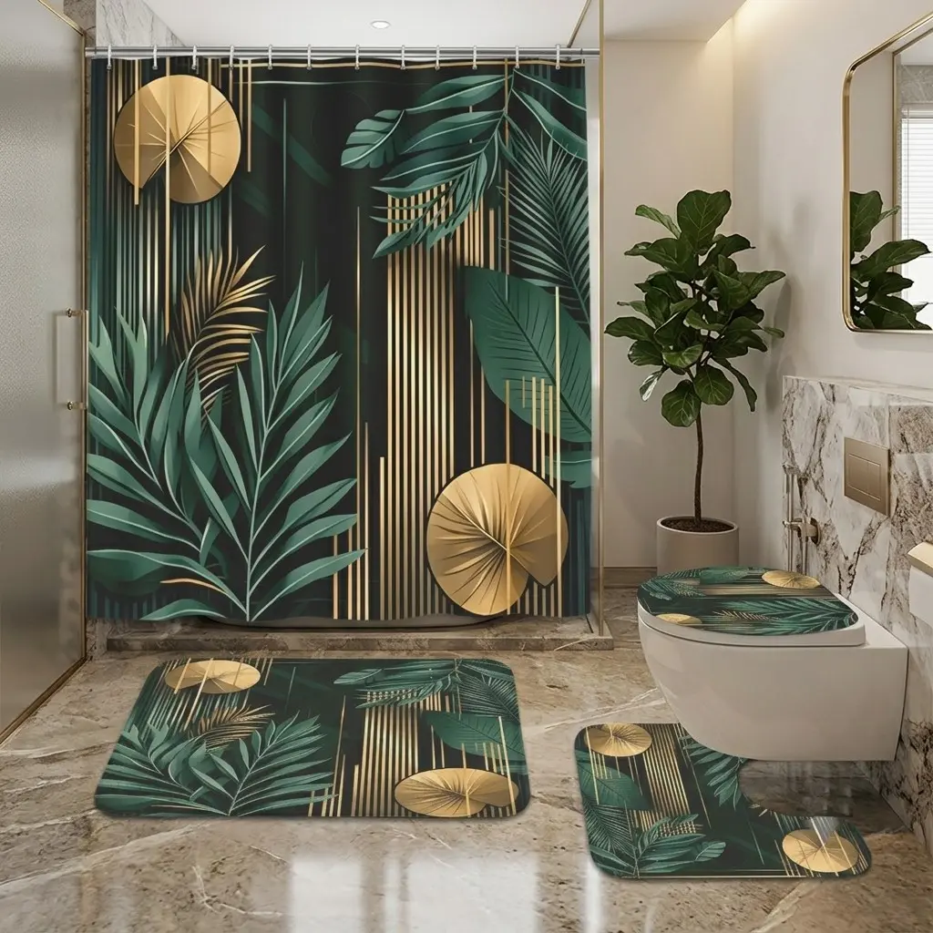 4pcs Green Tropical Leaf & Gold Shower Curtain Set – Soft Thick Fabric with Palm Foliage, Valentine’s Day Inspired Bathroom Decor, Extra Plush Bath Mats for Luxurious Comfort, Bathroom Shower Curtain Sets
