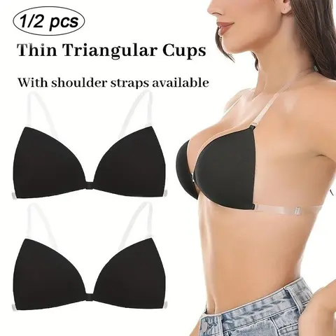 Thin Triangle Cups Backless Bra, Adjustable Transparent Straps, Reusable Seamless Push-Up Bra, Front Clasp Anti-Slip Pads, Soft Contouring