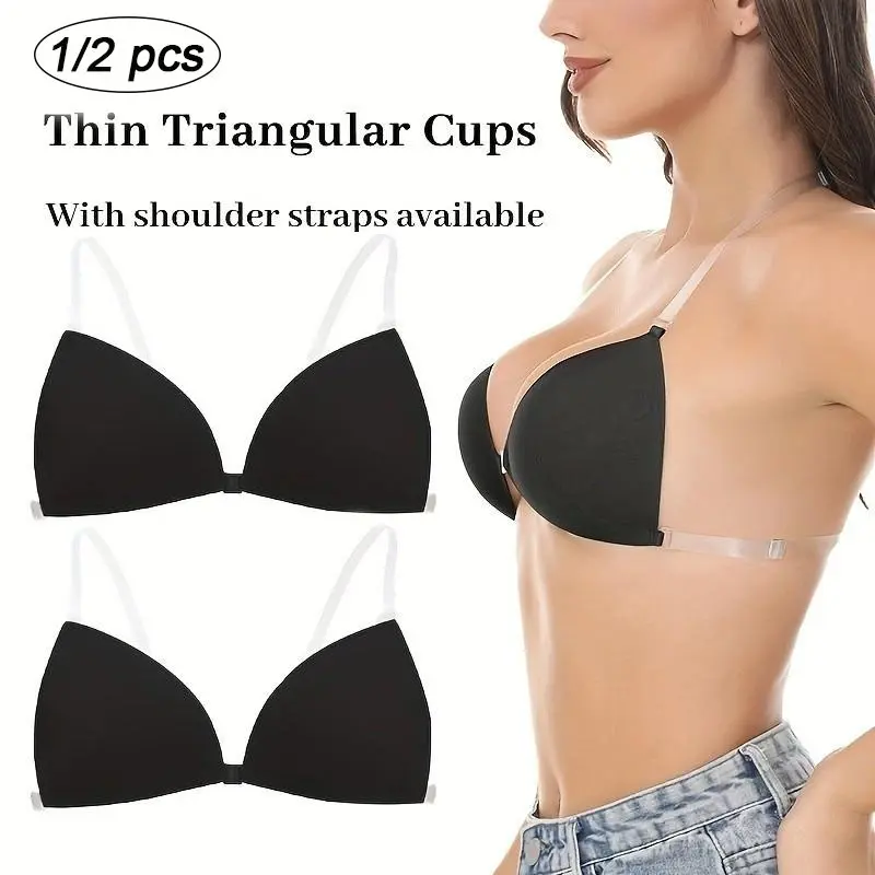 Thin Triangle Cup Backless Bra, Adjustable Transparent Straps, Reusable Seamless Push-Up, Front Clasp Anti-Slip Pads, Soft Contouring