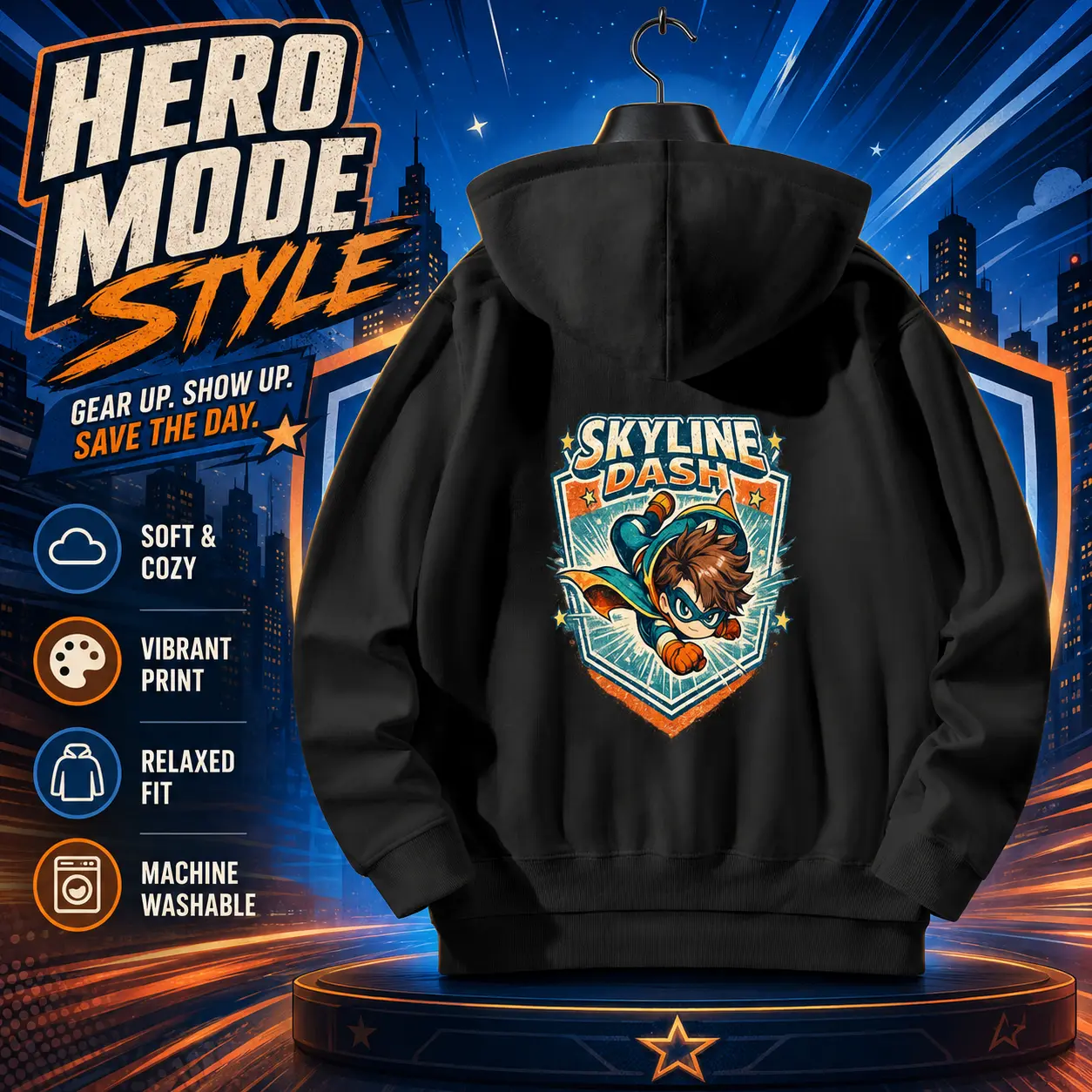Men's Black Back Graphic Hoodie - Comic Superhero Pullover Sweatshirt