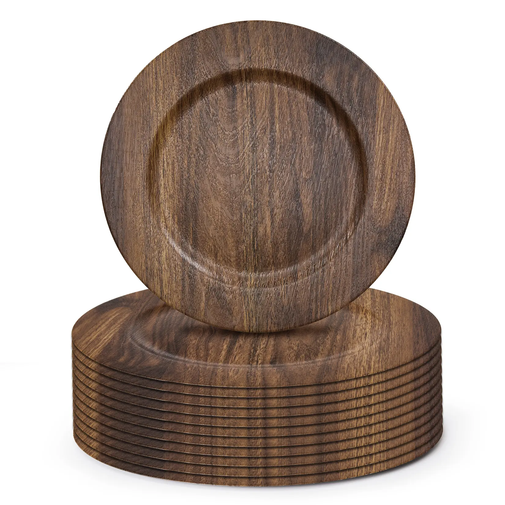 12-Pack 13in Round Rustic Dark Wood Grain Durable Plastic Charger Plates - Lightweight, Sturdy, Heat-Protective, Scratch-Resistant Reusable Tableware with Practical Design for Weddings, Thanksgiving - Kitchen & Table Accessory for Buffet Setup