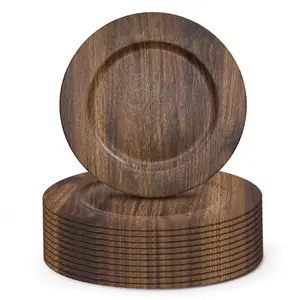 Rustic Dark Wood Grain Charger Plates 12-Pack 13" – Round Decorative Plastic Service Plates – Reusable Tableware for Weddings, Thanksgiving, Christmas, Home – Decorative Table Accessory