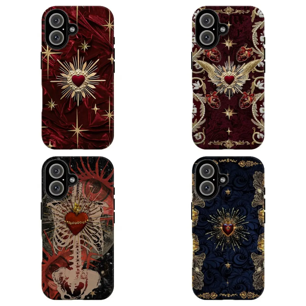FL-Vintage Gothic Sacred Heart Smartphone Case - Dark Gothic Baroque Pattern, Burgundy Navy Red Gold Aesthetic Custom Shell, Handheld Protective Cover for iPhone 11-17 Air Pro Max, Samsung S21-S26 Cellphone Case, Gift for Her