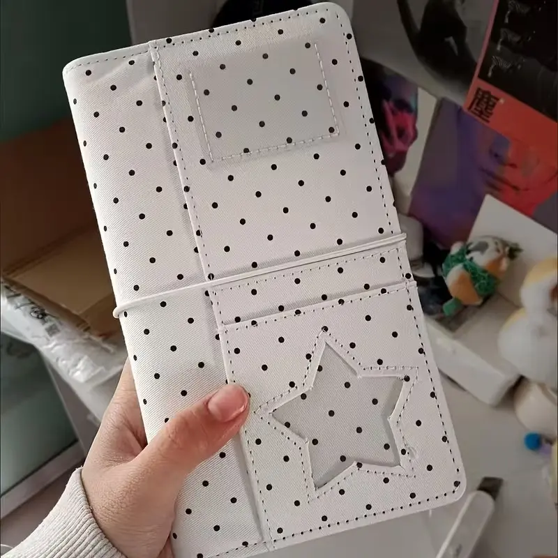 Korean Denim Star Window Polka Dot A6 Notebook, Replaceable Inner Core, Multiple Card Slots, Large Capacity, Cute Sweet Portable Planner, Aesthetic Notebook