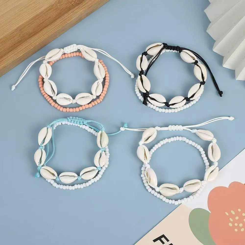 2-Piece Elastic Stretch Anklet Set, Hand Woven Rice Bead & Shell Layered Foot Jewelry, Waterproof Boho Beach Anklets For Summer Seaside, Travel & Daily Holiday Outfits Hidden long-tail keywords: lightweight summer foot accessory, layered bohemian ankle br