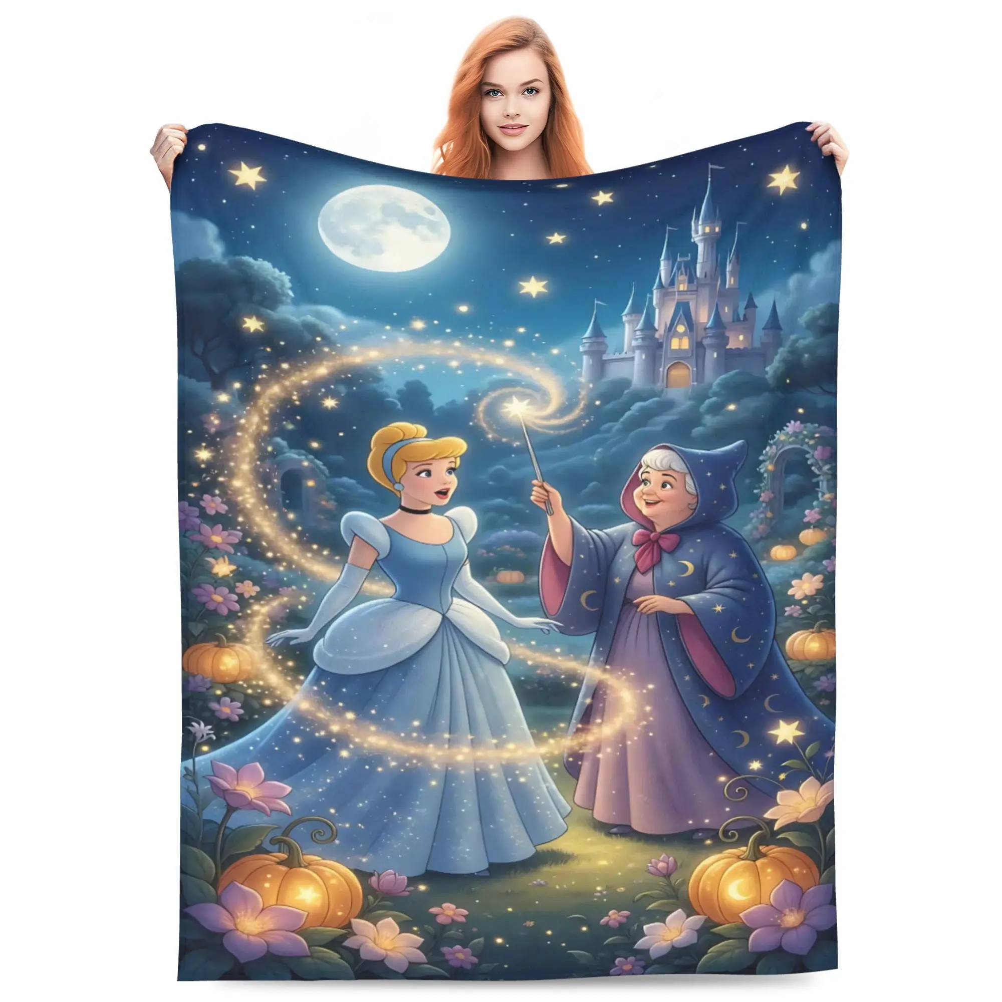 DISNEY CLASSIC Cinderella Fairy Godmother Flannel Blanket. Cinderella, magic wand, pumpkin, castle and night sky print. Soft cozy throw for sofa bed, lovely gift for princess fans and girls.