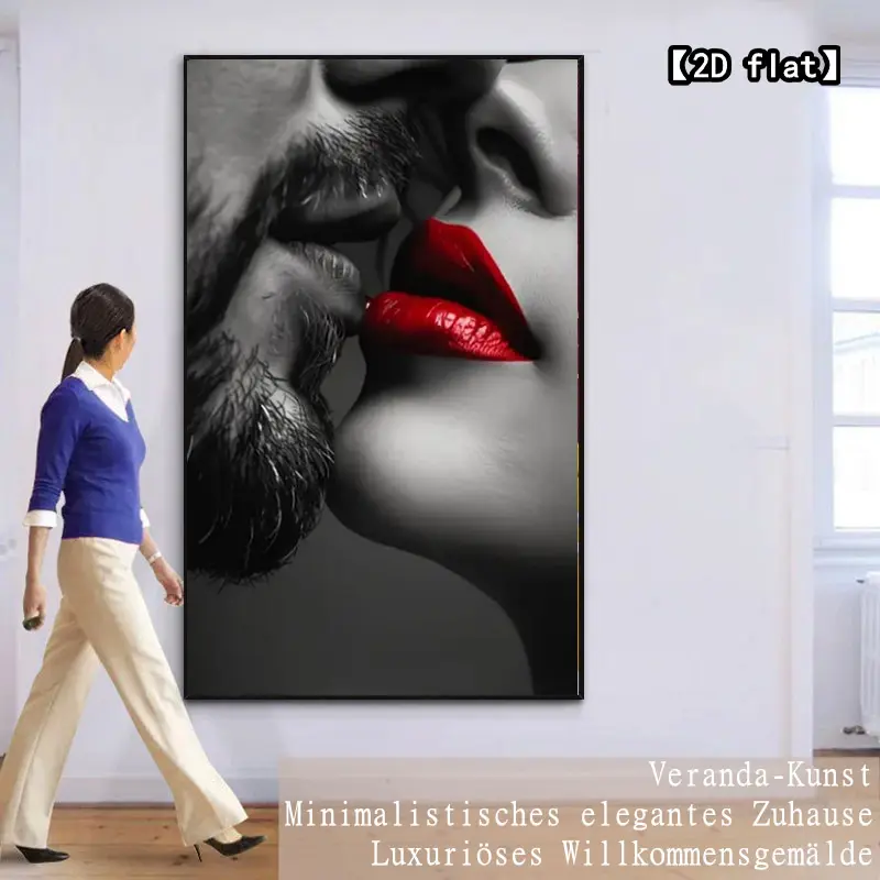 [2D flat] Intimate contact of red lips and mustache 1 piece of 2D flat canvas painting, suitable for living room, office, bedroom decoration, perfect room decoration - café decoration - birthday, Halloween, Christmas gifts