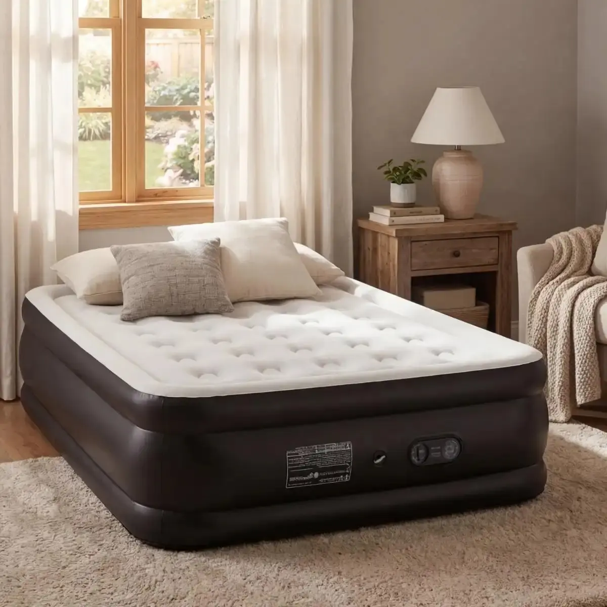Queen Size Double-Height Inflatable Airbed with Built-in Pump, Flocked Top, Non-Slip PVC Surface, 660lbs Capacity, Honeycomb Support, Fast Inflation, Foldable Durable PVC Bed, Indoor/Outdoor Camping, Guest Bedroom Ideas for Couples