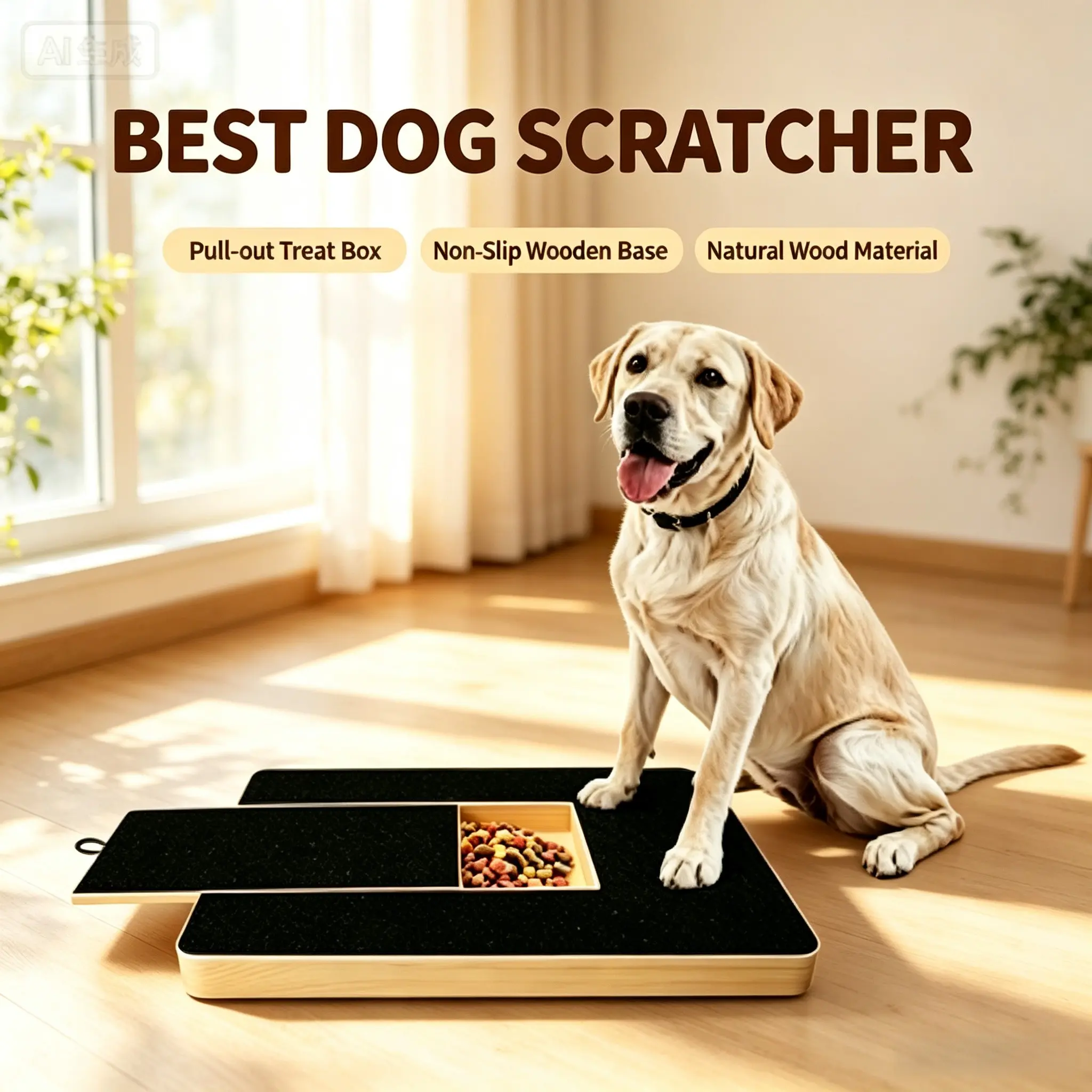 Solid Wood Dog Scratching Board, Pull-Out Treat Box Design, Non-Slip Wooden Claw Grinder, Professional Pet Grooming Tool, Corrects Furniture Scratching Habit