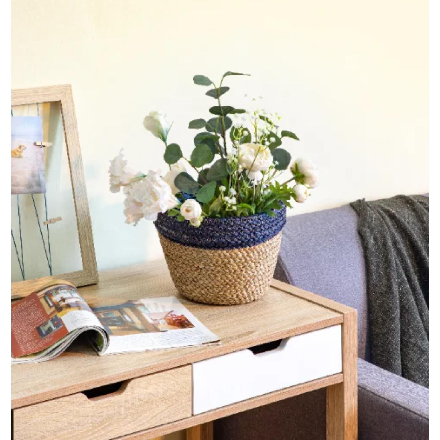 [Home Decor] Two-Tone Seagrass Basket - 11x8.3 Inch Navy & Natural Storage Bin for Shelf Organization & Displays