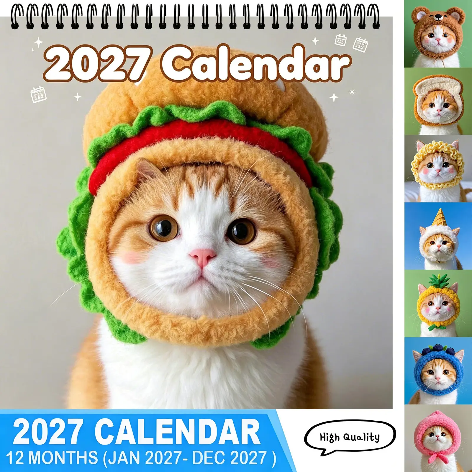 2027 Wall Calendar, Cute Cat With Funny Knit Hats Calendar, 12 Months Adorable Kitten Photo Calendar Jan-Dec 2027, High Quality Hanging Calendar, Home Office Decor Gift For Cat Lovers, Ideal Gift For Cat Fans,New Year Calendar