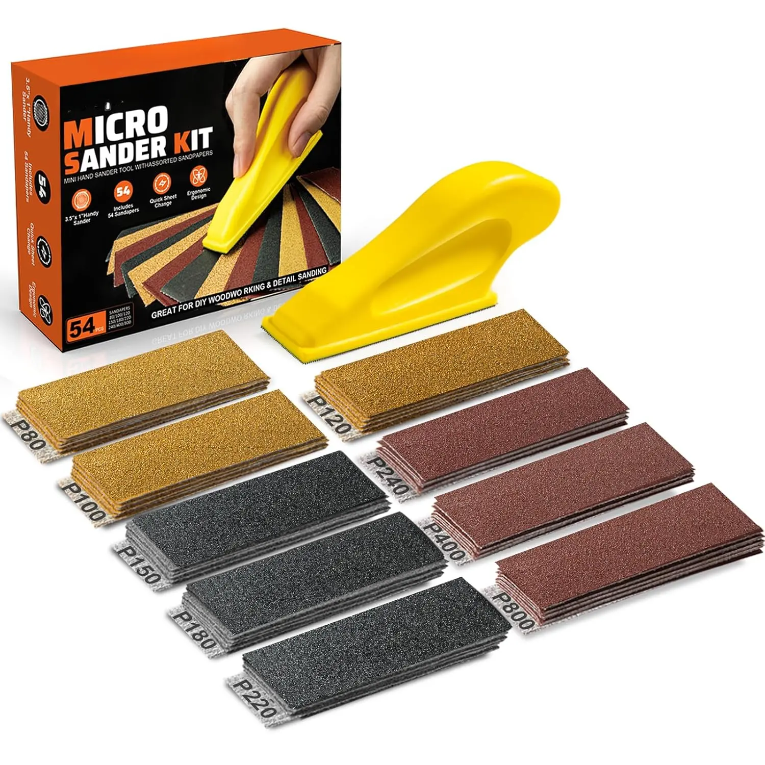 54PCS Premium Micro Sander, Detail & Mini Sander Block – Precision Small Hand Sanding Tool, 80–800 Grit Sandpaper Kit, 3-in-1 Set  Wood, Crafts, Furniture, Tight Spaces & DIY Projects