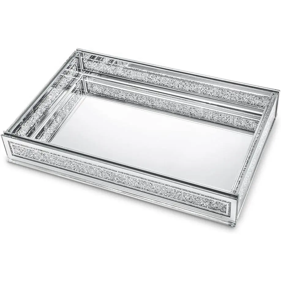 Diamond Mirror Perfume Tray, Silver Glass Vanity Tray