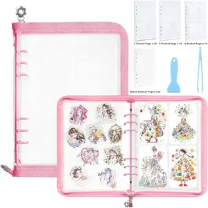 Sticker Organizer Binder Reusable Sticker Storage Collecting Album A5 Clear Sticker Binder Album with Blank Release Paper, Tweezer, Light Pink
