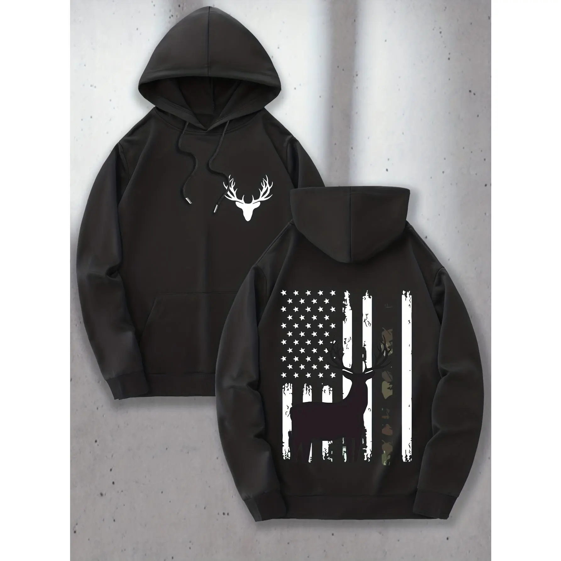 Vintage Distressed American Flag Deer Double‑Sided Print Hoodie Front Small Buck Head Back‑Graphic Pullover Sweatshirt Hunting‑Themed Loose‑fit Unisex Hooded Top Outdoor Patriotic Street‑wear Outfit