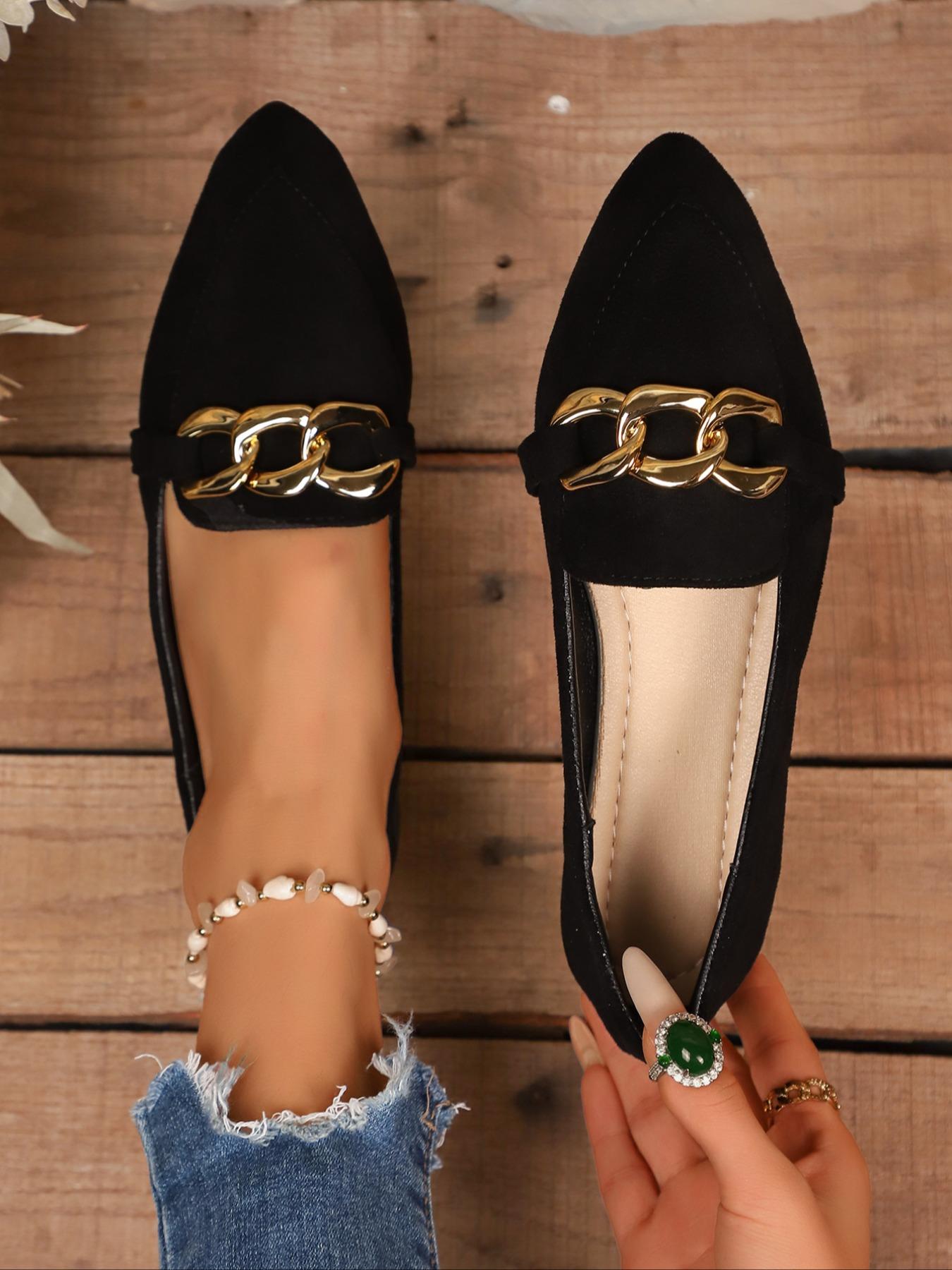 Pointed-Toe Velvet Material Loafers with Chain Buckle, Elegant Retro Style Comfortable Flat Sole Shoes for Work & Casual Wear