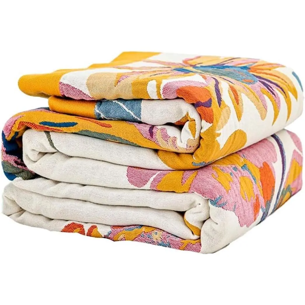 Boho Throw Blanket, 100% Cotton Ultra Soft Luxury Throw Rustic Quilt, 50"x60" Floral Bird Butterfly Farmhouse Decor Bed Blankets, All Season Rustic Reversible Bohemian Throw for Bed - Yellow