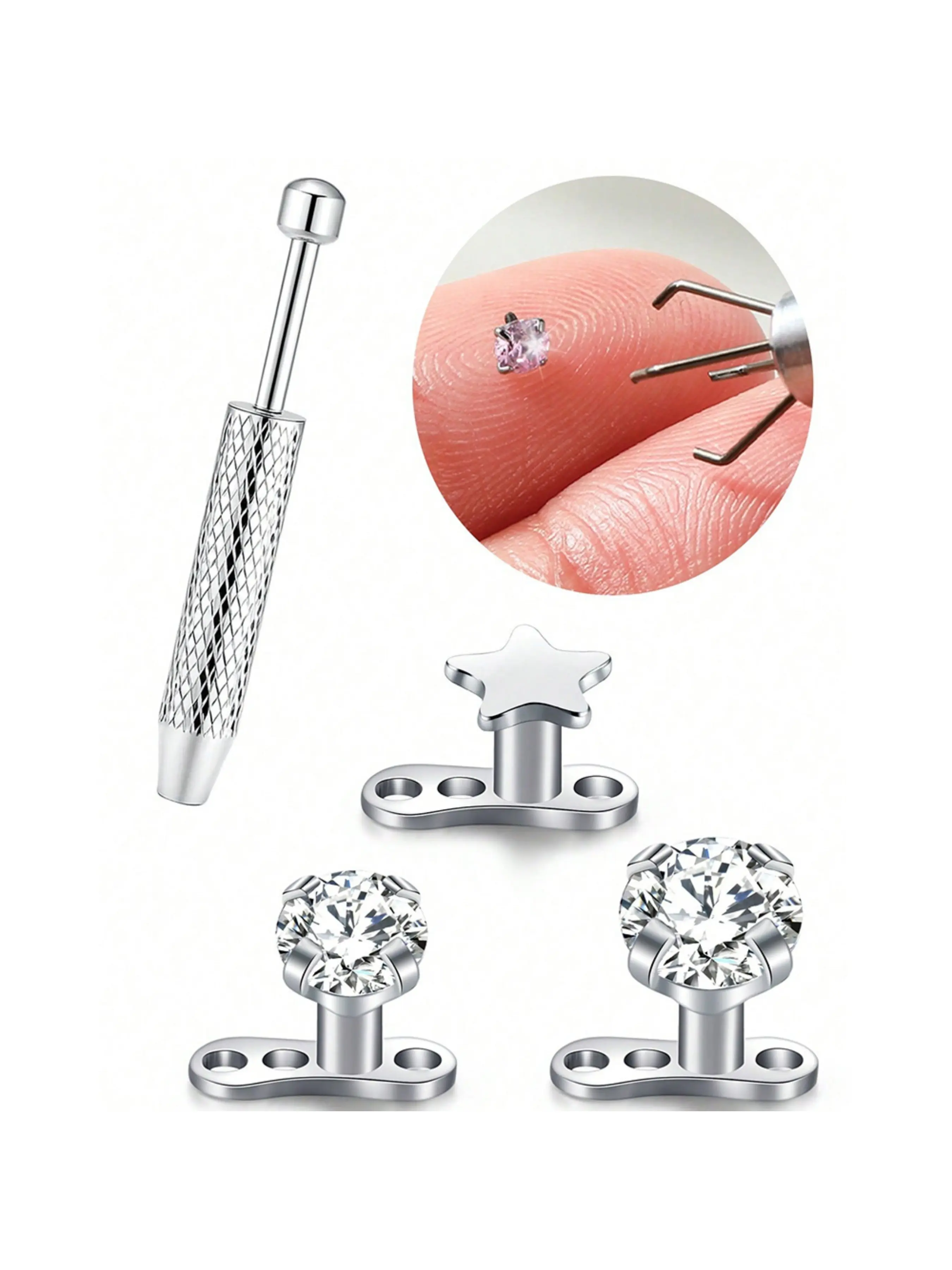 Dermal Anchor Stud With Taper Stainless Steel Skin Microdermal Body Piercing Jewelry Minimalist Style Cubic Zirconia Dermal Anchor