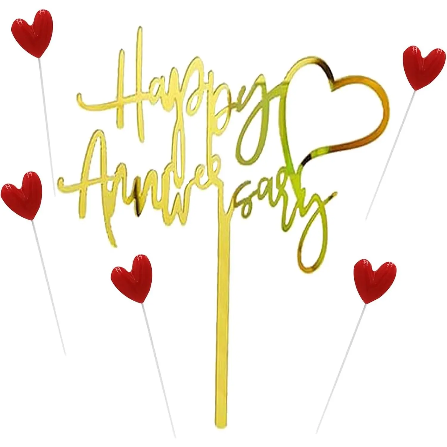 Happy Anniversary Cake Topper with 1 Gold Heart, Anniversary Cake Decorations for Party Supplies