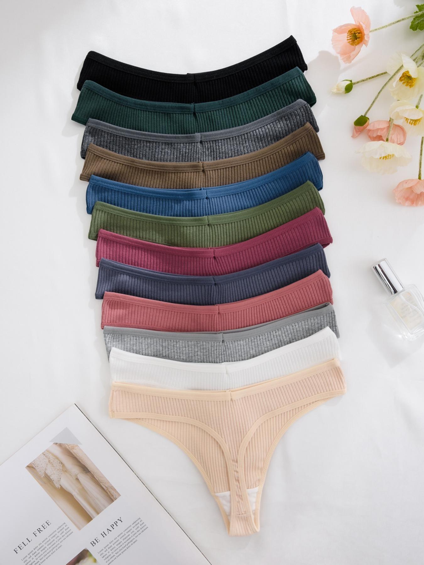 Women's 12pcs Solid Drop Waist Thong, Soft Comfy Breathable Knicker for Daily Wear, Ribbed Panty Underwear for All Seasons