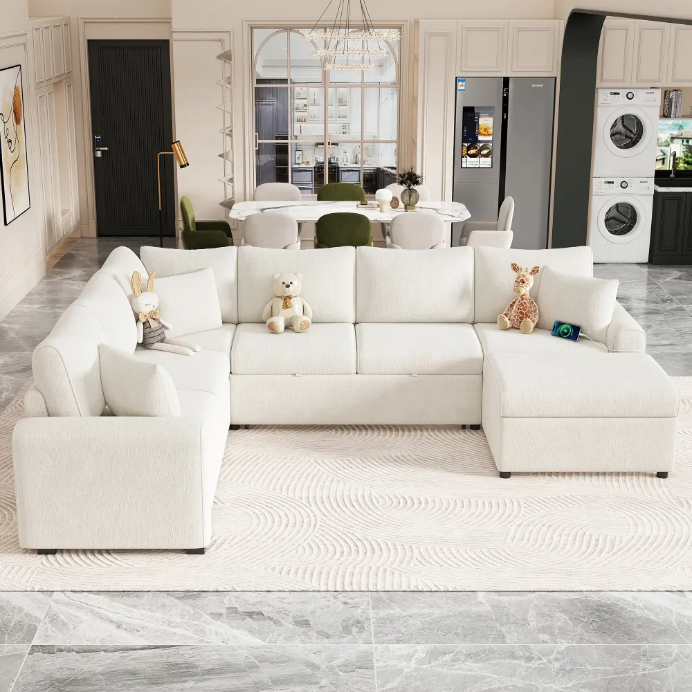 Chenille Fabric Modern 112.2" Long 6-Seat Sectional Sofa Bed Sleeper with Storage Ottoman, 3 Pillows, USB & Power Charging Devices for Living Room, Cream