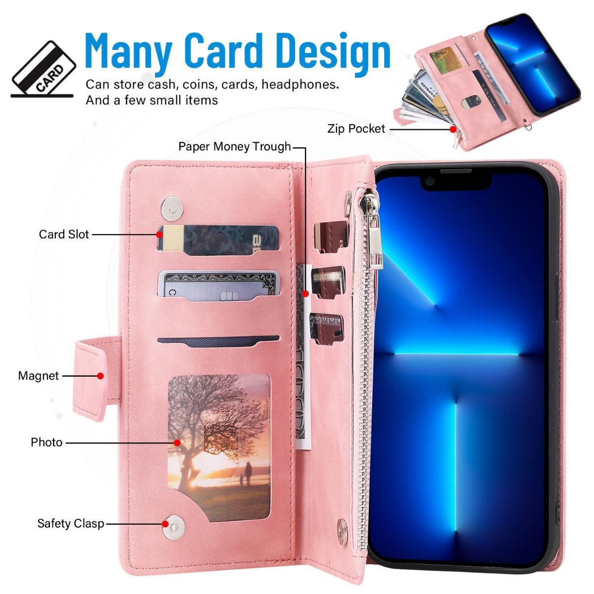 Crossbody Wallet Case For iPhone 17 16 Pro Max 15 14 Plus 13 12 Leather Phone Case with Card Holder Kickstand & Wrist Strap Cover Magnetic Closure Flip Handbag Zipper Purse Shell for Women