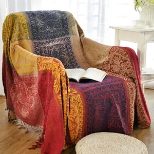 Boho Sofa Cover, Chenille Jacquard Tassels Throw Blankets for Couch Bed, Decorative Sofa Slipcover Protector - Colorful Tribal Pattern (L,86 * 102inch)