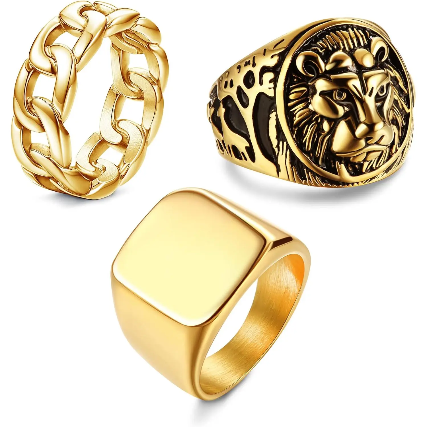 3 Pcs 14K Gold Plated Chunky Cuban Link Ring Set for Men Women, Size 12 (Including Lion Head Signet Ring & Square Signet Ring)