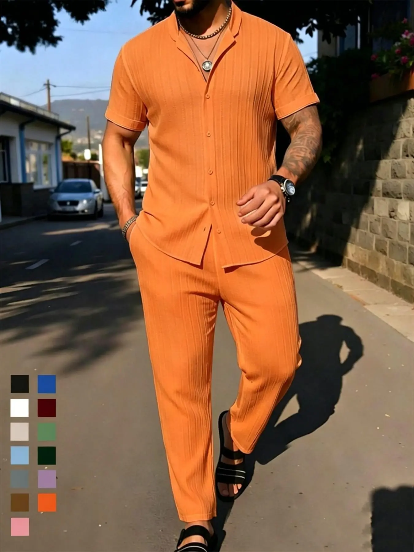 Men's Casual Plain Texture Short Sleeve Shirt and Elastic Waist Loose Straight Pants Set, Comfortable Breathable Fabric, Perfect for Summer Activities