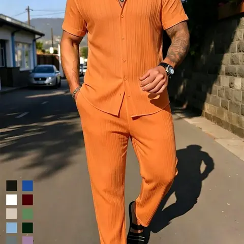 Men's Casual Textured Short Sleeve Shirt and Elastic Waist Loose Straight Pants Set Outfit Sets, Comfortable Breathable Fabric, Perfect for Summer Activities, Menswear