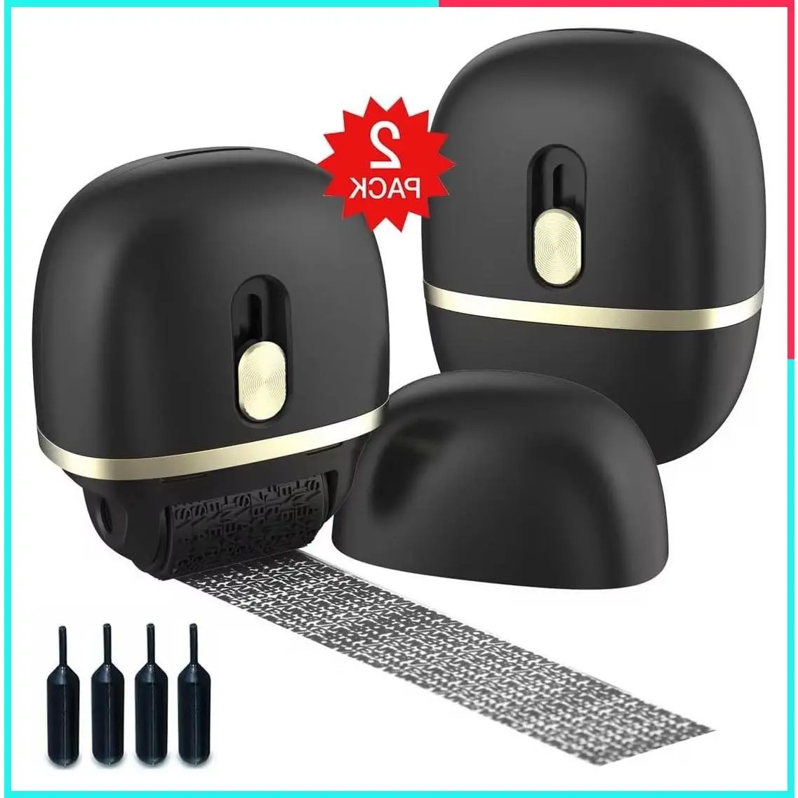 Identity Protection Roller Stamps 2 Pack Black - Confidential Roller Stamp with 4 Refills, Wide ID Blockout Stamp for Privacy & Security